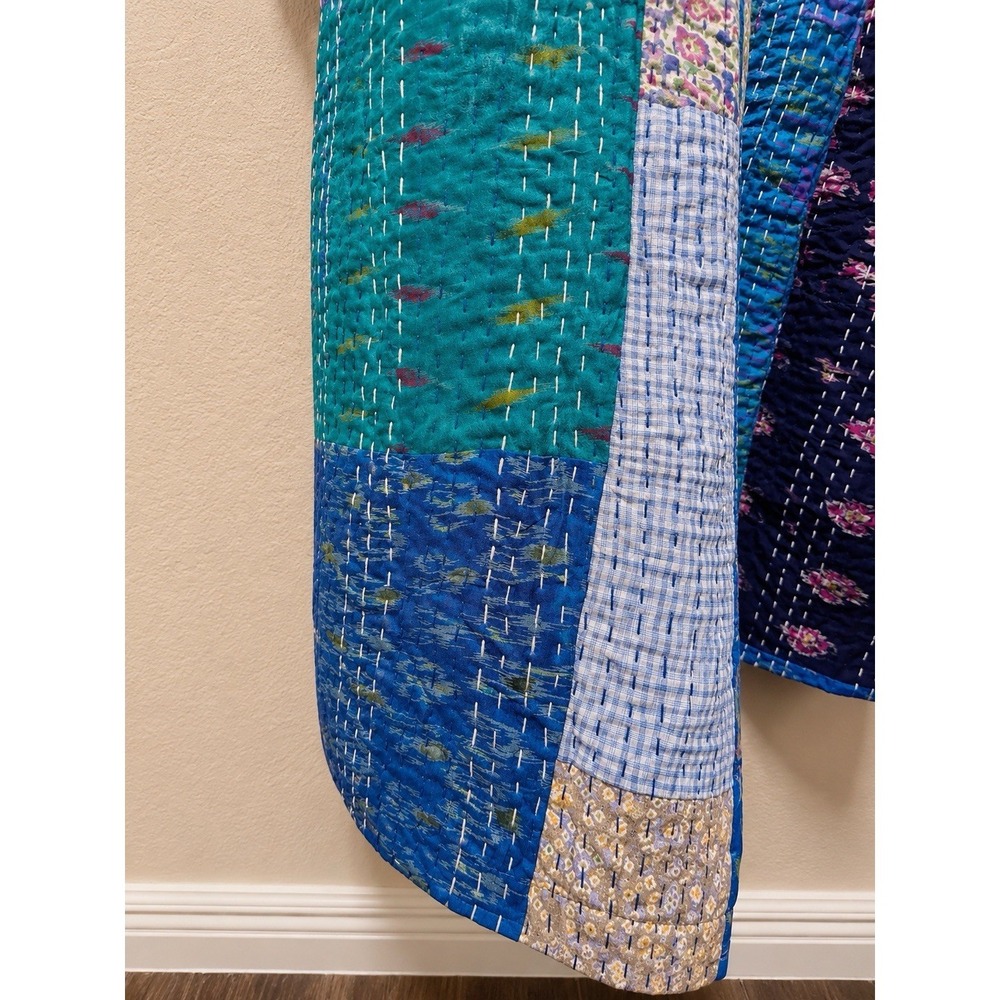 Vintage Silk Kantha Patchwork Robe Handmade Quilted Kimono Belted One Size - Picture 10 of 10